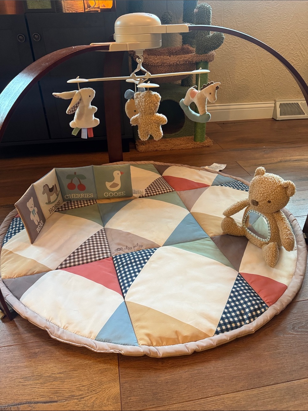 Itzy Ritzy Neutral Patchwork Play Mat & Hanging Plush Mobile with Beige Teddy